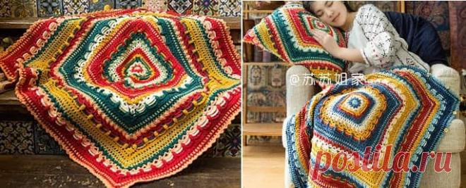 Плед и подушка многоцветным узором. Крючком. Схемы. / Russian-Handmade.ru