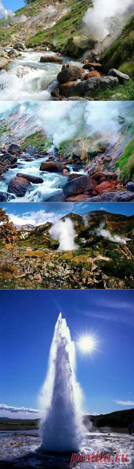 ��� ����� ������
Долина Гейзеров — это одно из наиболее крупных гейзерных полей мира и единственное в Евразии. Долина Гейзеров расположена на Камчатке в Кроноцком государственном биосферном заповеднике. У слияния рек Гейзерная и Шумная на территории около двух квадратных километров находится около 20 крупных гейзеров и множество источников, периодически выбрасывающих фонтаны почти кипящей воды (более +95C) или горячего пара.