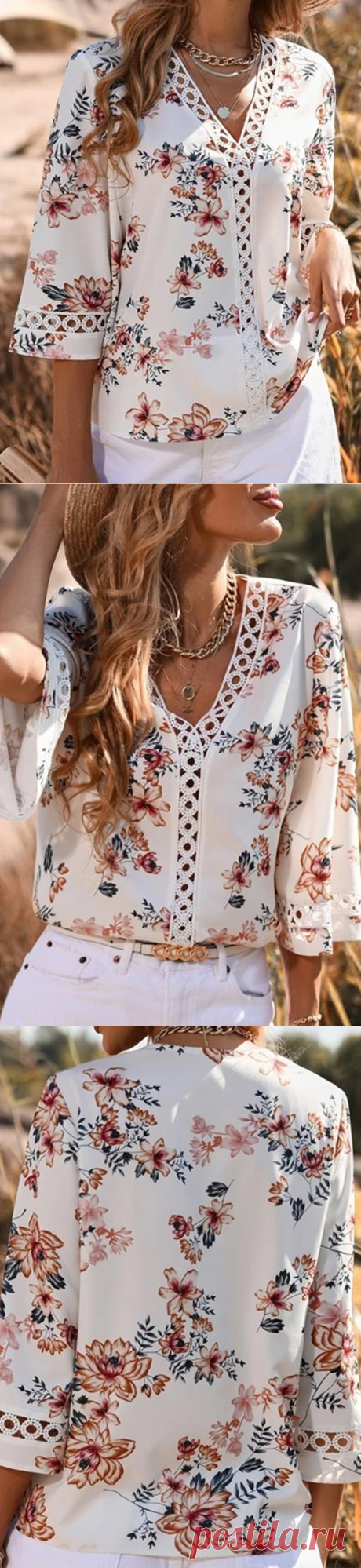 Casual Print Split Joint V Neck Tops Blouses - Cicicloth