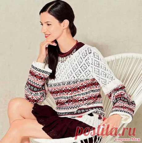 Изумительный джемпер с ажурной кокеткой и жаккардовыми узорами - ВЯЗАНАЯ МОДА+ ДЛЯ НЕМОДЕЛЬНЫХ ДАМ - Страна Мам