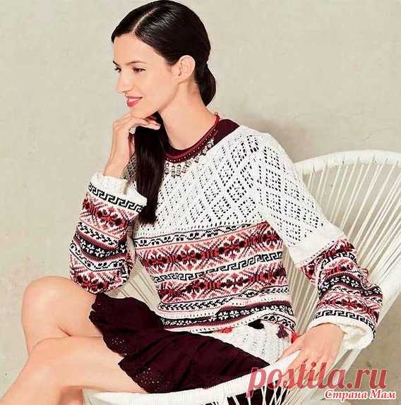 Изумительный джемпер с ажурной кокеткой и жаккардовыми узорами - ВЯЗАНАЯ МОДА+ ДЛЯ НЕМОДЕЛЬНЫХ ДАМ - Страна Мам