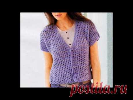 Ажурный летний жакет спицами с очень лёгким узором. Узор всего 4 ряда.