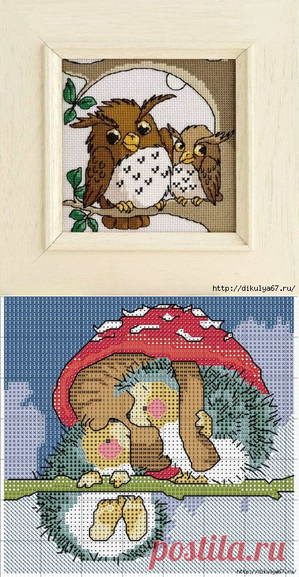 етская вышивка крестиком. Совушки и ежики