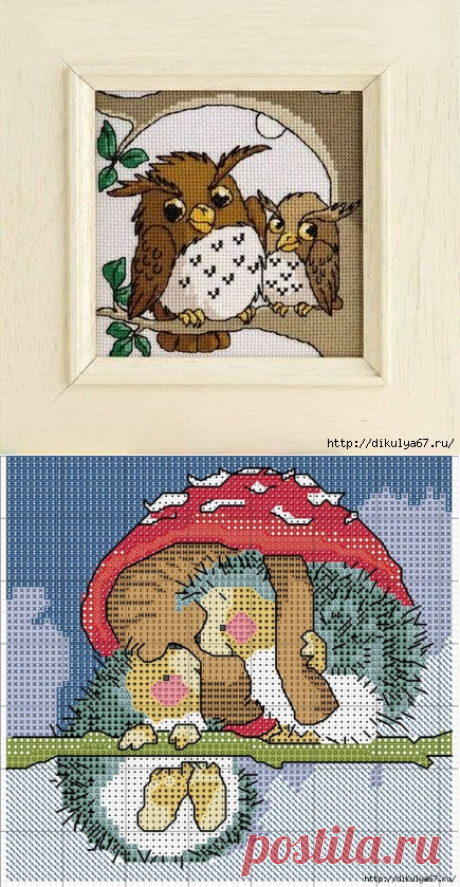 етская вышивка крестиком. Совушки и ежики