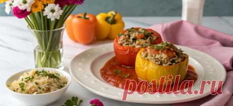 ФИщете простое, вкусное и по-настоящему универсальное блюдо для семейного ужина? Фаршированные перцы с рисом и овощами — это яркое сочетание сочных овощей и ароматной начинки, которое порадует как вегетарианцев, так и тех, кто хочет разнообразить свой рацион легким и полезным блюдом. Этот рецепт на 4 порции не займет много времени на кухне, а результат превзойдет все ожидания!аршированные перцы с рисом и овощами