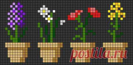 four potted plants with flowers in them on a black background, cross stitch pattern