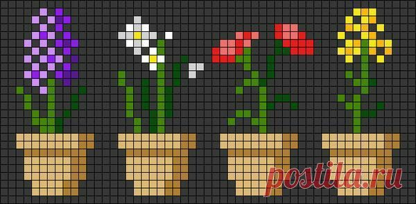 four potted plants with flowers in them on a black background, cross stitch pattern
