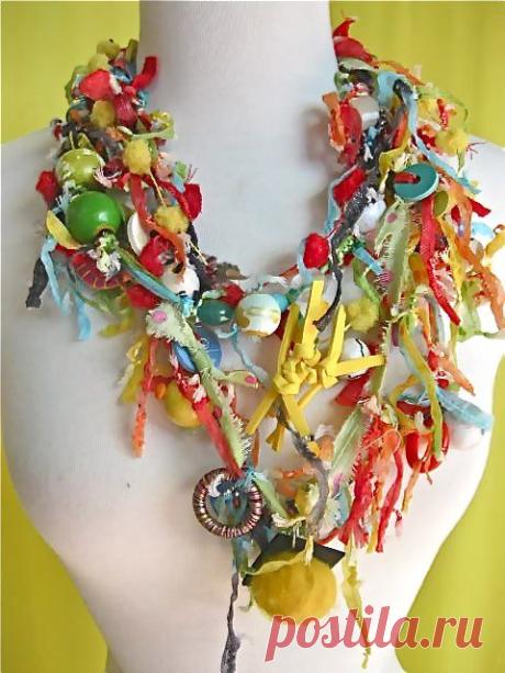 fabric and beads on four fabric necklace strands. Toggle closing