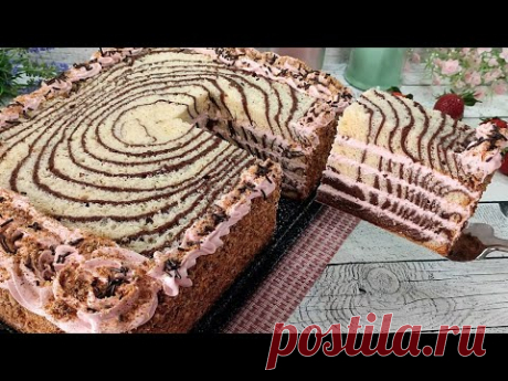 Большой пышный БИСКВИТНЫЙ торт ЗЕБРА с клубничным кремом! Без желатина!