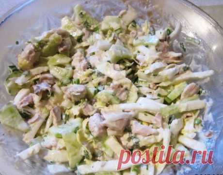Салат с пекинской капустой
=*300 г отварного куриного мяса,

*300 г пекинской капусты, 

*1 огурец,

*2 ст. ложки майонеза.

Приготовление салата:

Нашинковать капусту, огурцы тонко нарезать полукольцами.

Мясо куриное нарезать небольшими кусочками.

Все сложить в салатник, заправить майонезом, посолить и хорошо перемешать.

Простой и вкусный салат готов!
