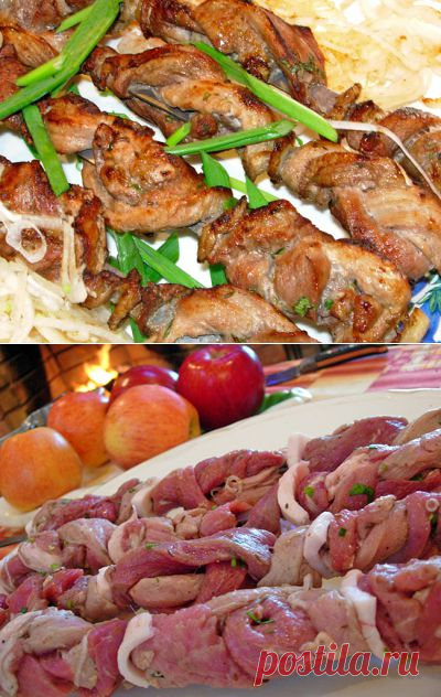 Шашлык, сплетенный из трех видов мяса.