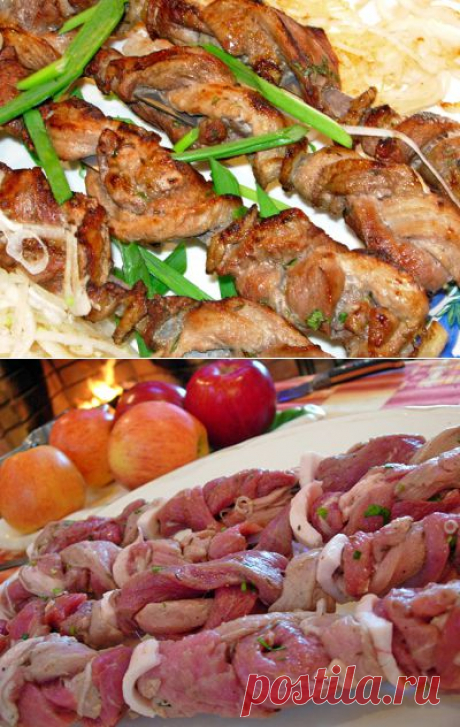 Шашлык, сплетенный из трех видов мяса.