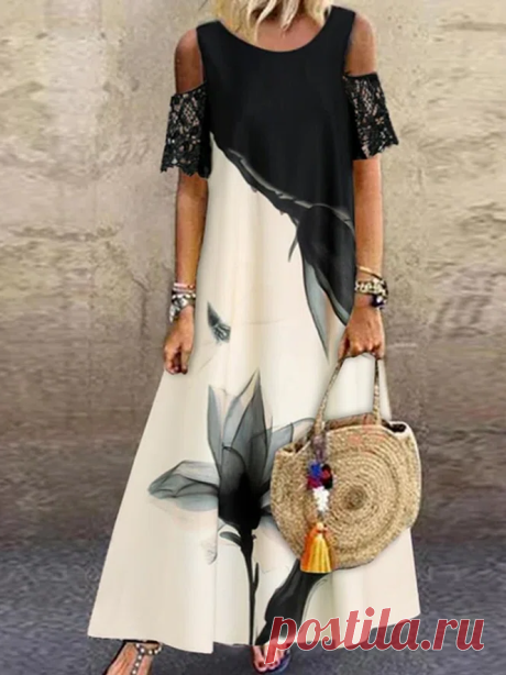 Lace Floral Vacation Short Sleeve Woven Maxi Dress - Cicicloth