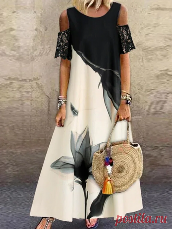 Lace Floral Vacation Short Sleeve Woven Maxi Dress - Cicicloth