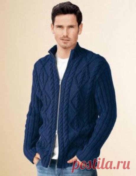 Синий мужской вязаный жакет на молнии | Вязание спицами и крючком – Азбука вязания