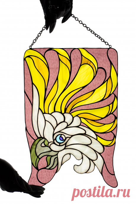 Parrot stain glass panel Window hanging suncatcher Housewarminggift St Window/wall hanging panel made of stained glass pieces.Handmade using Tiffany copper foil technique.Looks amazing in the sunlight.You will get it completely ready for installation. It comes with a clear self-adhesive hook and copper chain.It will be a great gift for friends or relatives. Width: 10 inches Height: 14 inc