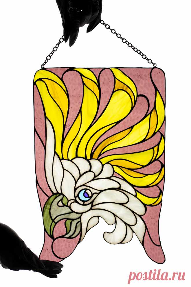 Parrot stain glass panel Window hanging suncatcher Housewarminggift St Window/wall hanging panel made of stained glass pieces.Handmade using Tiffany copper foil technique.Looks amazing in the sunlight.You will get it completely ready for installation. It comes with a clear self-adhesive hook and copper chain.It will be a great gift for friends or relatives. Width: 10 inches Height: 14 inc