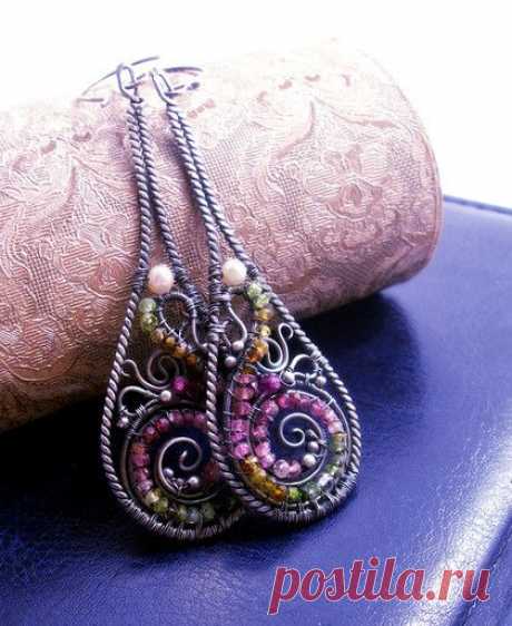 Купить Серьги Milora - удлиненные серьги, серебряные серьги, серьги с турмалином, пейсли, турмалин, гранат