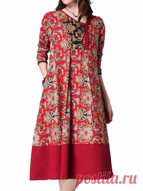 Contrast Patchwork Ethnic Printed Button Pleated Long Sleeve Women Dresses Online - NewChic