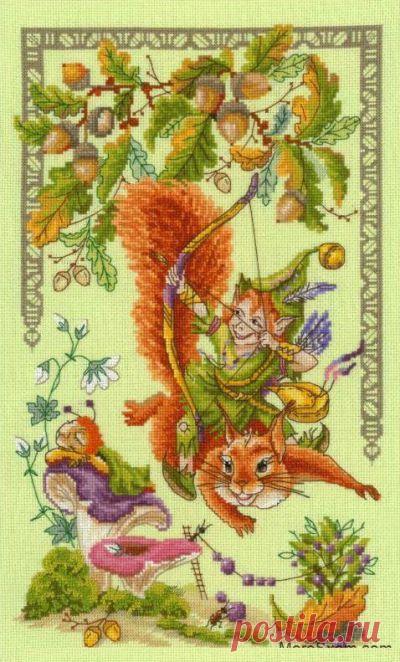схема для вышивки крестом гномика верхом на белке Лесная непоседа