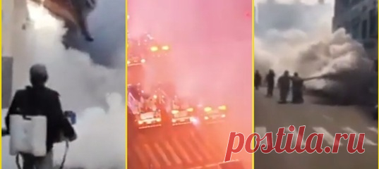 Картина довольно апокалиптическая: белый туман клубится по улицам по мере продвижения по дорогам и тротуарам работников в спецзащите и грузовиков.