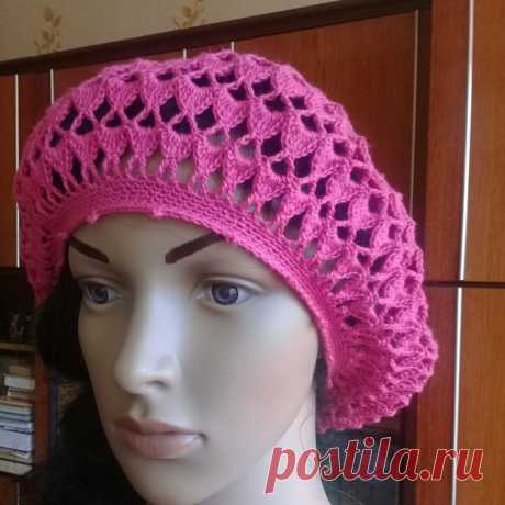 knitted hat knitted crochet,a cap,summer accessory,for women,beret The beret is crocheted with an openwork pattern made of cotton with viscose.pink handsome crochet beret, summer accessory, sun protection, for walks and trips to the sea.is suitable for size, head circumference: 54 -56 centimeters,you can choose a different color and size,