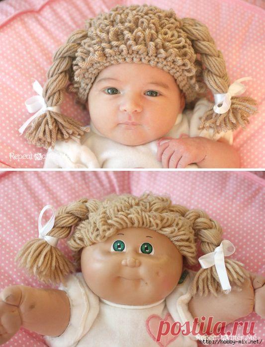 Супер- шапка для девочки "Кукла с косами" крючком.