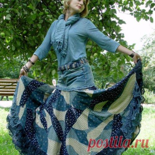 Создаём "кривое" лоскутное полотно и шьём «бохо» юбку из старых джинсов