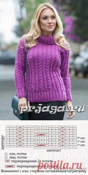 Женский свитер полосками из кос спицами