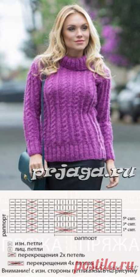 Женский свитер полосками из кос спицами