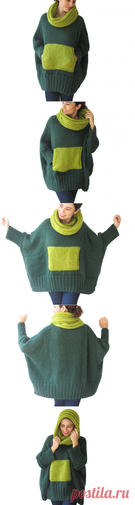 Green Lime Green Hand Knitted Sweater with Accordion Hood