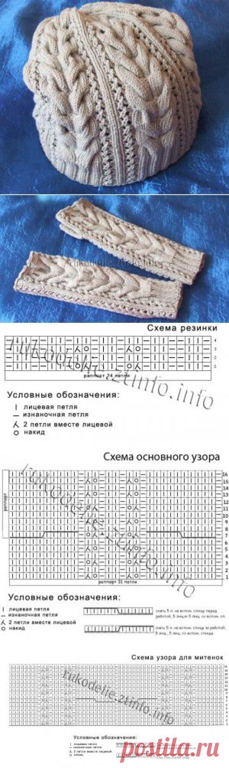 Шапочка и митенки "Ажурная осень" вязаные спицами | Мир рукоделия