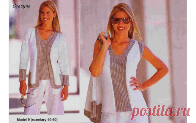 Топ и жакет с контрастной отделкой Вязаный спицами комплект (топ и жакет) с контрастной отделкой. Описание