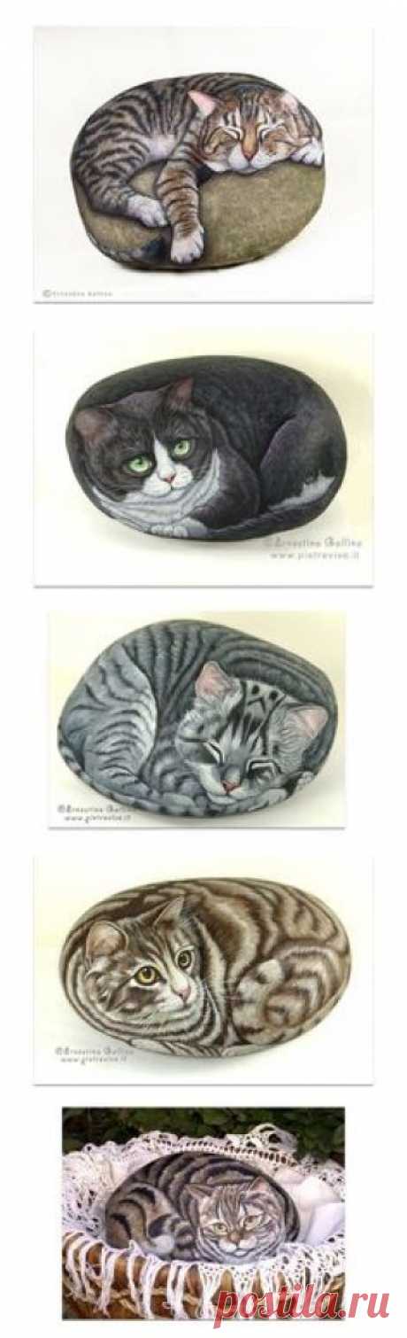 PIETREVIVE - cat portraits on rock, hand painted with acrylic colors
