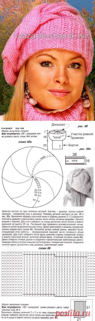 Женский берет спицами с косой | ВЯЗАНИЕ ШАПОК: женские шапки спицами и крючком, мужские и детские шапки, вязаные сумки