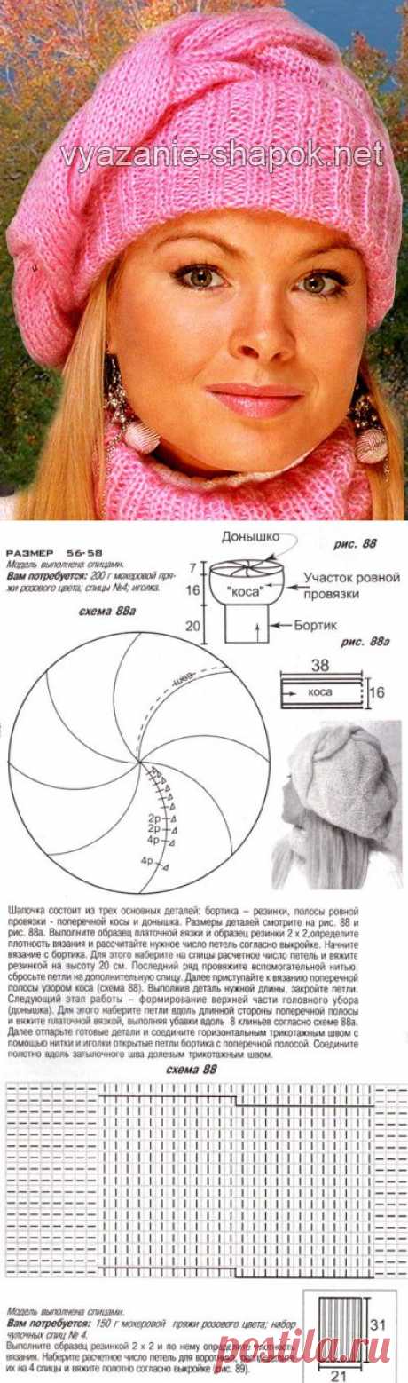 Женский берет спицами с косой | ВЯЗАНИЕ ШАПОК: женские шапки спицами и крючком, мужские и детские шапки, вязаные сумки