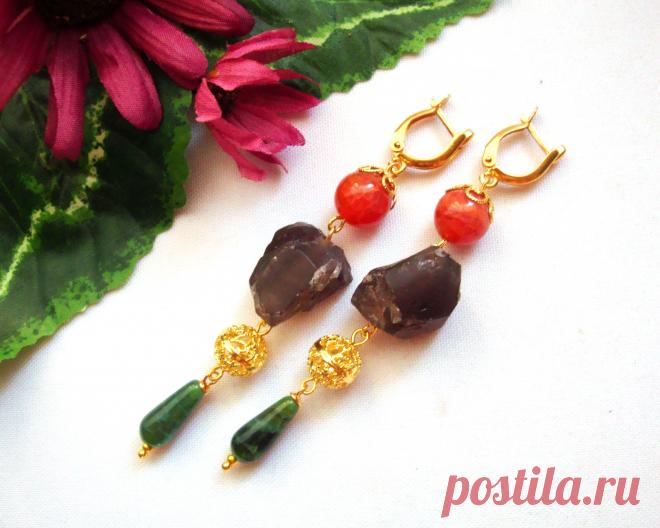 Серьги "Осенняя история". Агат, природные куски раухтопаза. Длина серёг от швенз 7 см. Швензы позолоченные.