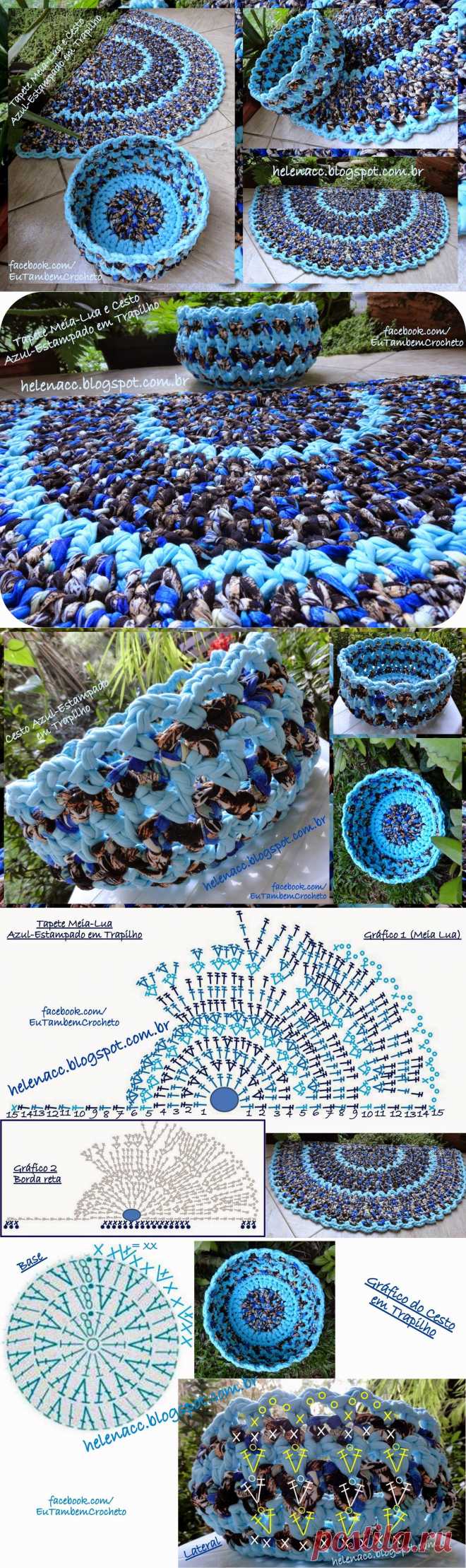 EU TAMBÉM CROCHETO...: Tapete Meia-Lua e Cesto Azul-Estampados em Trapilho