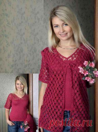 Вяжем женственную двойку спицами: пуловер и жилетка Размер: 38-40. Вам потребуется: 750 г малиновой пряжи (№ 57) Alpina LILY (100% мерсеризованного хлопка, 50 г/175 м), спицы № 2, крючок № 2,5. Лицевая гладь: лиц. р. — лиц. п., изн. р. — изн. п.  Ажурный узор: вязать по схеме.