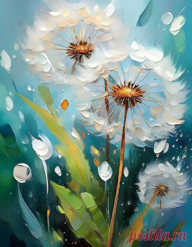 a painting of dandelions with drops of water