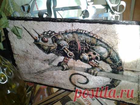 Панно деревянное 60х30 СТИМПАНК_Хамелеон - разноцветный, стимпанк, стимпанк стиль, стимпанк механизмы