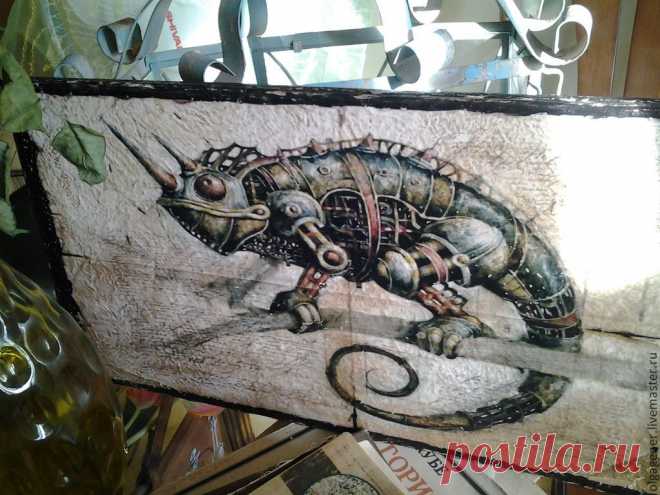 Панно деревянное 60х30 СТИМПАНК_Хамелеон - разноцветный, стимпанк, стимпанк стиль, стимпанк механизмы