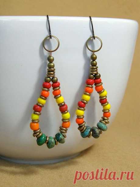 (129) Turquoise Earrings - Hoop Earrings - Tribal Earrings - Native Earrings - Southwest Earrings - Bohemian Earrings