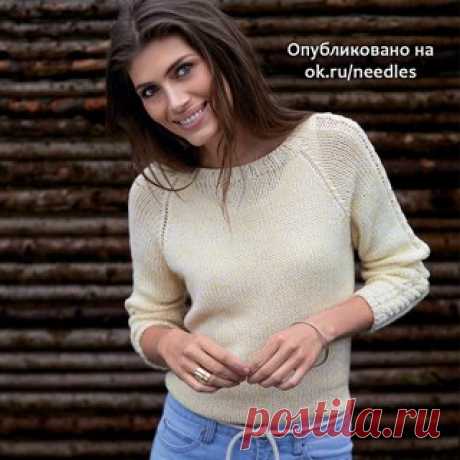 Пуловер спицами.

Размеры 
S (M) L (XL) 

Вам потребуется 
Пряжа 1 (50% хлопка, 50% шерсти; 50 г/155 м) — 4 (5) 6 (6) мотков белой; 
пряжа 2 (45 % шелка, 55% шерсти; 50 г/300 м) — 2 (3) 3 (3) мотка бледно-желтой; круговые спицы №6 и 7 длиной 60 и 80 см; чулочные спицы №6 и 7 (или круговые спицы длиной 40 см). 

Узоры и схемы 

Резинка 
Попеременно 2 лиц., 2 изн. 

Лицевая гладь 
Лицевые ряды — лицевые петли, изнаночные ряды — изнаночные петли. 

Узор «Коса» 
Вязать по схем...