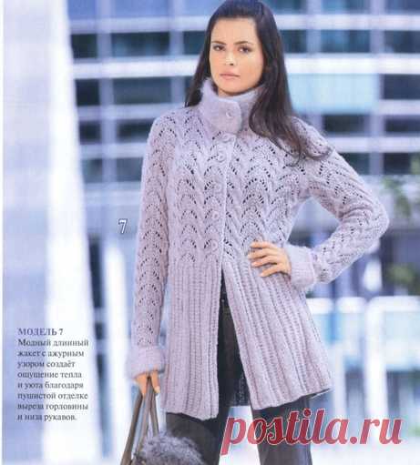 Жакет с ажурным узором спицами. Жакет спицами с воротником стойкою |