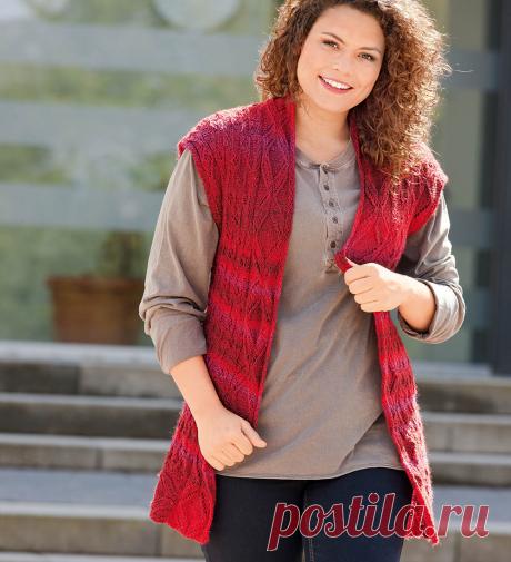 Красный жилет с узорчатой планкой - схема вязания спицами. Вяжем Жилеты на Verena.ru