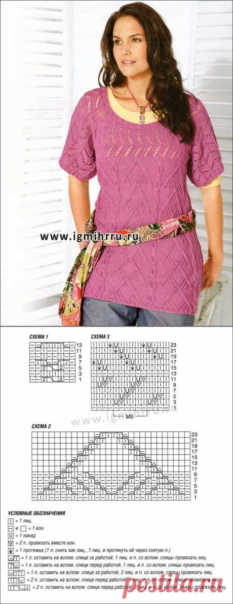 Микс красивых узоров. Длинный розовый пуловер для дамы приятной округлости. Спицы