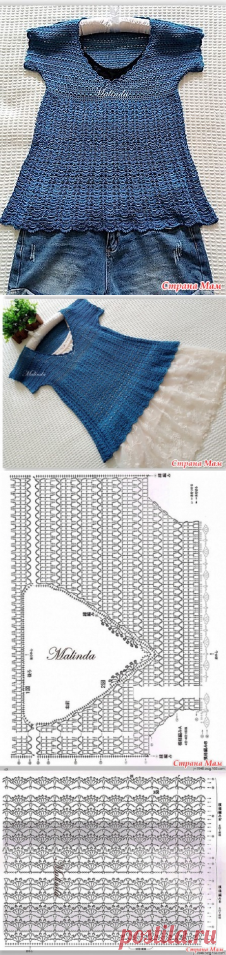 . Синяя кофта с треугольным вырезом. - Все в ажуре... (вязание крючком) - Страна Мам