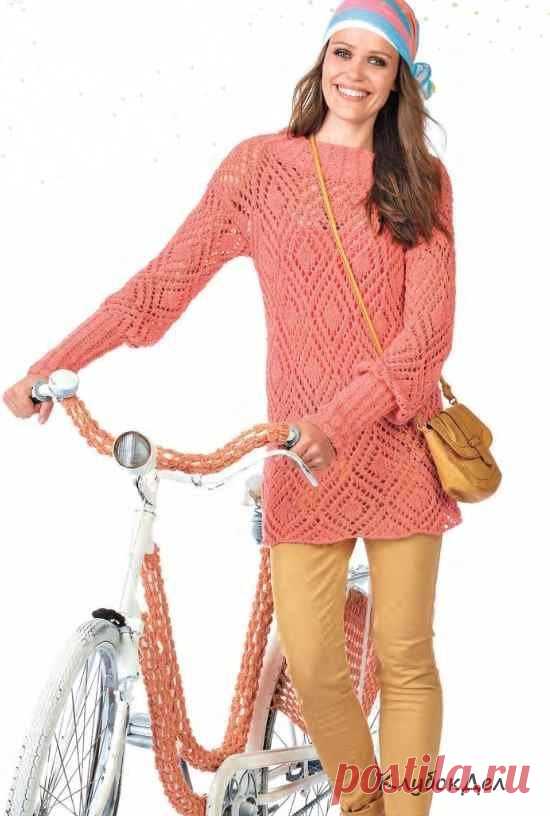 Розовая ажурная туника спицами