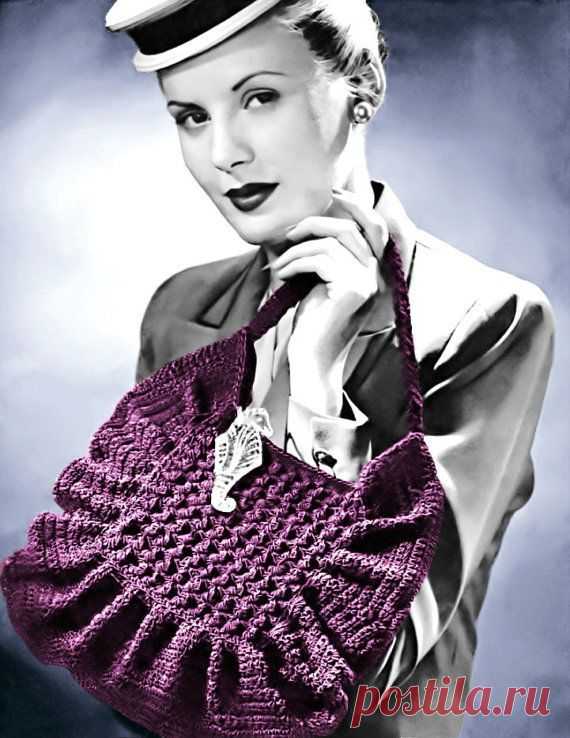 (410) Vintage Crochet Pattern 1940s Pleated Ruffle Purse Handbag Digital Download PDF | Crochet
